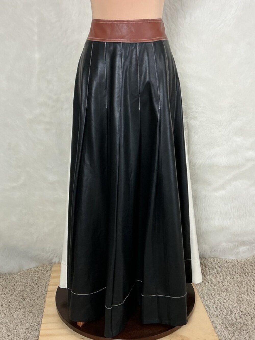 By Anthropologie Colorblock Faux Leather Pleated Maxi Skirt 8